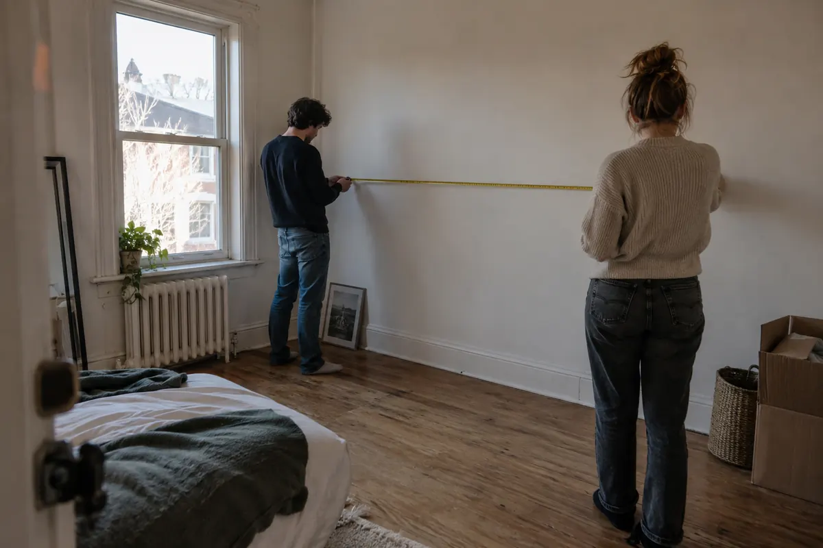 Couple mesurant une pièce de son futur logement — image d’ambiance générée par IA
