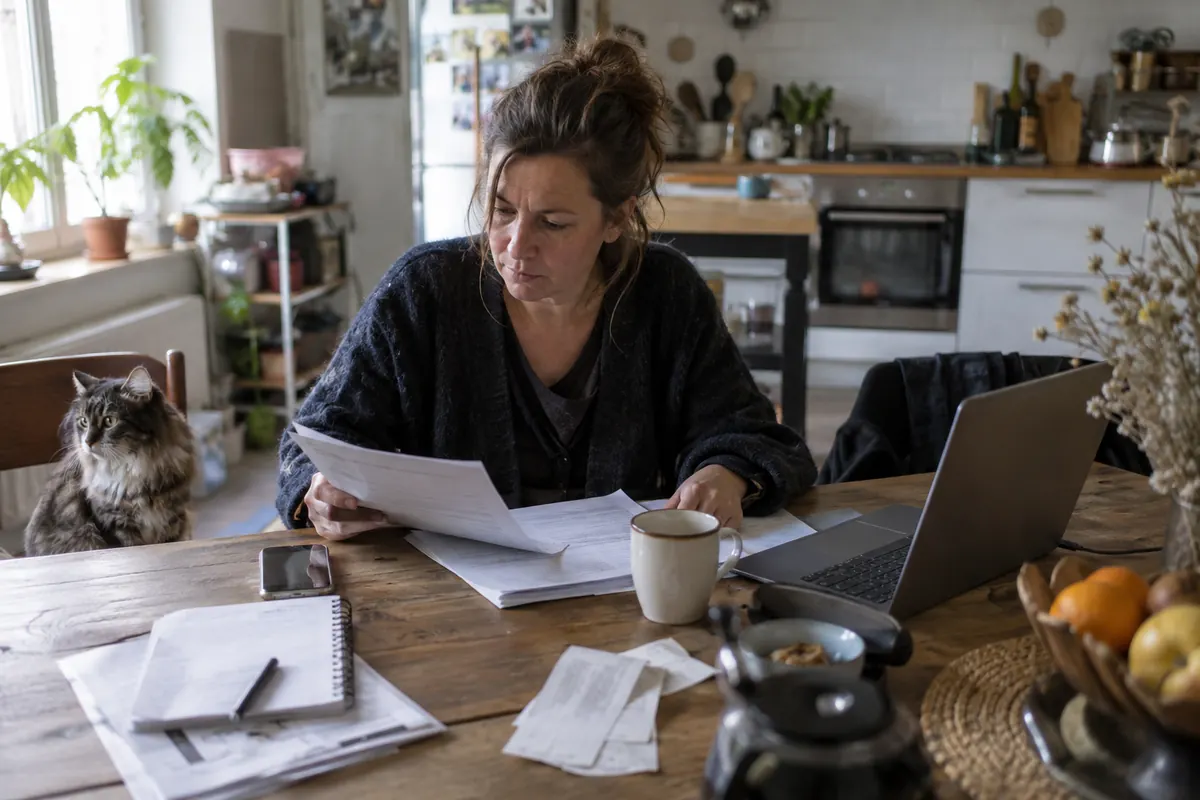 Indépendante examinant ses documents à sa table — image d’ambiance générée par IA
