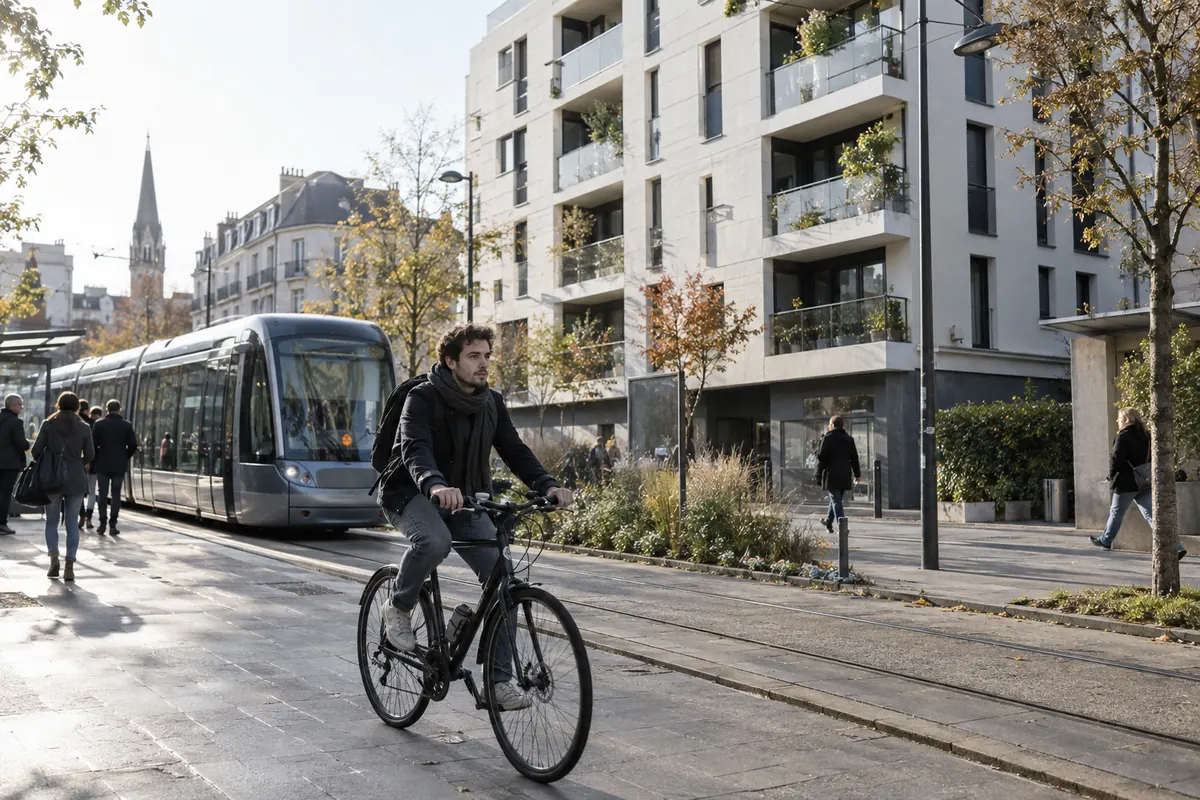 Habitants devant une résidence contemporaine et un tramway — image d’ambiance générée par IA