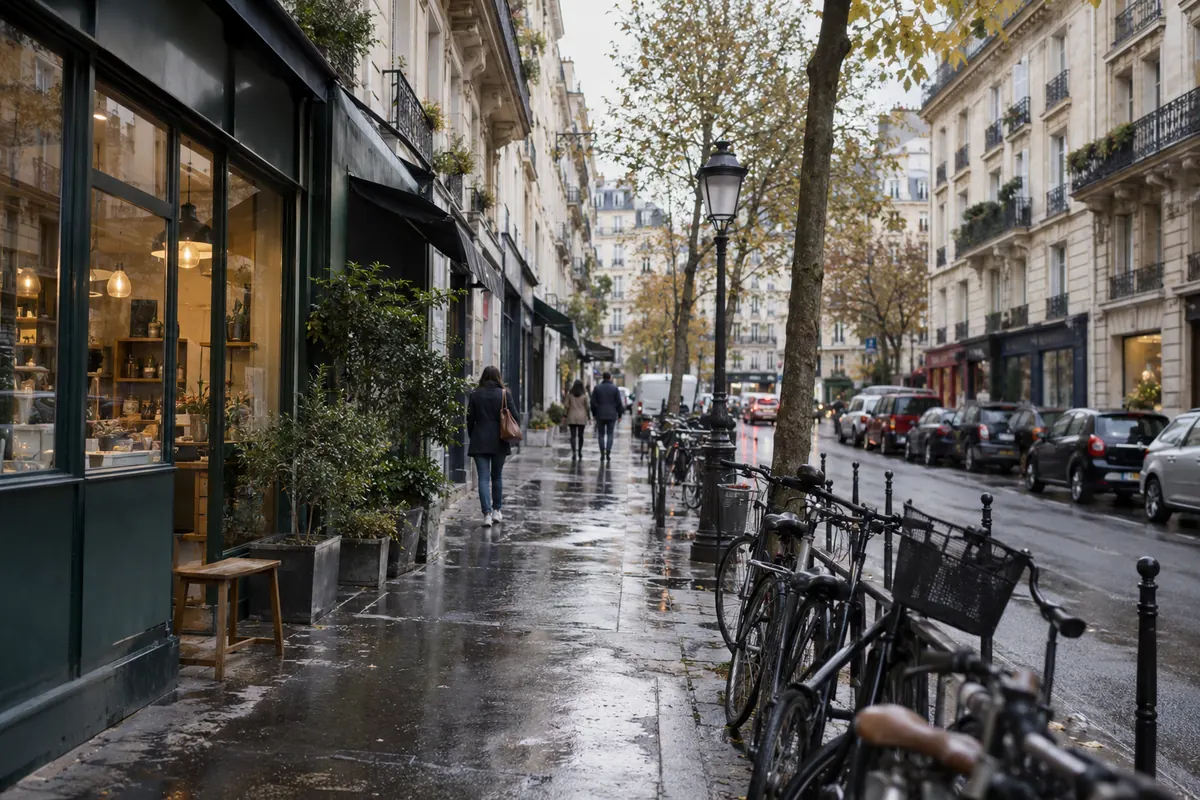Rue résidentielle française après la pluie — image d’ambiance générée par IA