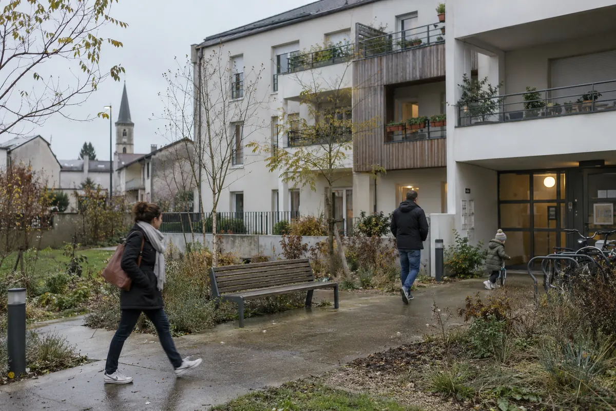 Résidence contemporaine et chemin piéton — image d’ambiance générée par IA