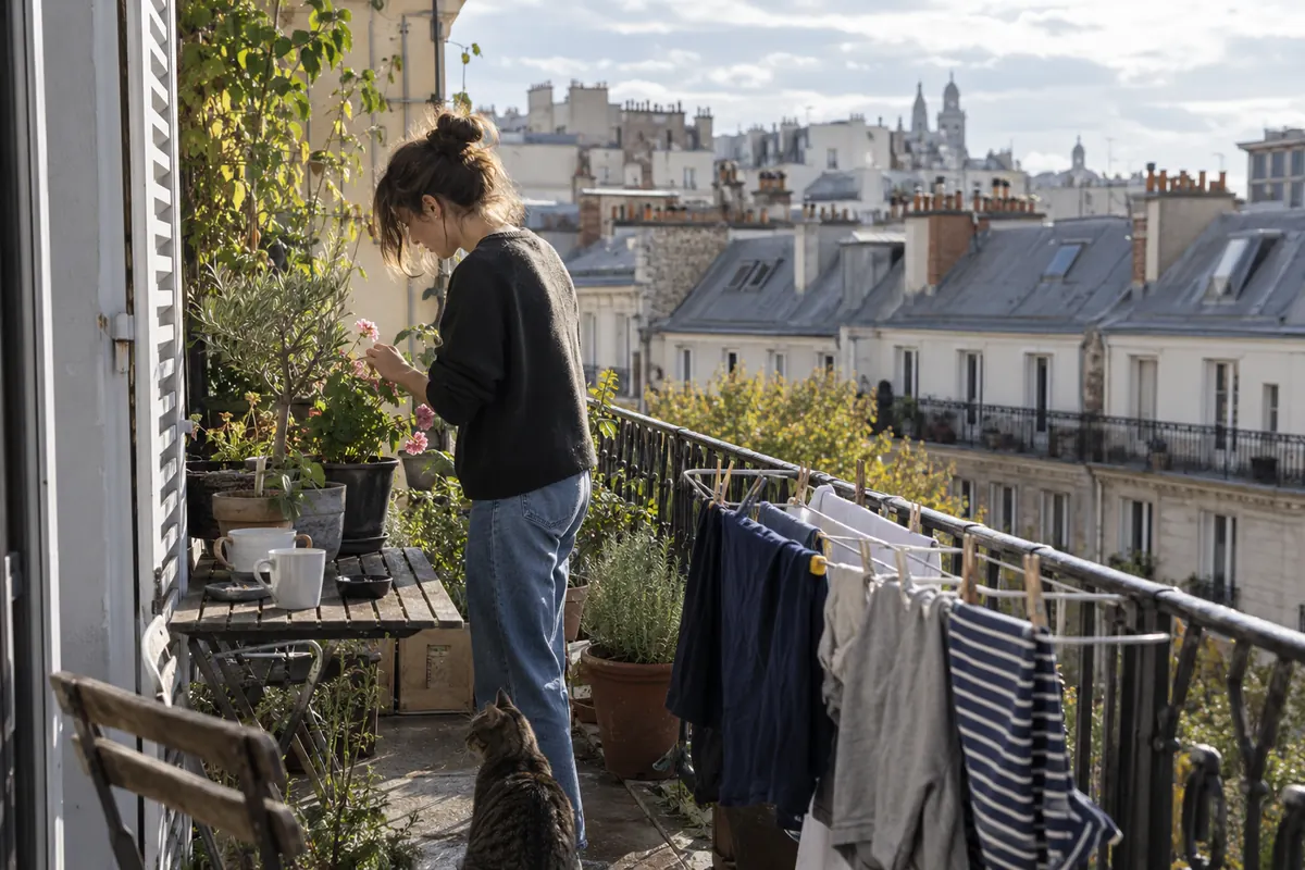 Balcon d’appartement et toits de ville — image d’ambiance générée par IA