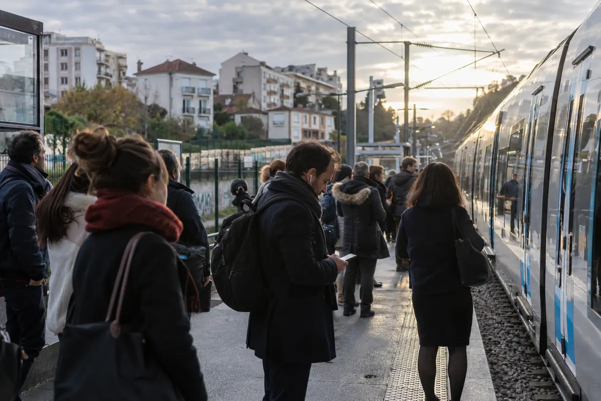 Voyageurs sur un quai de tramway en ville — image d’ambiance générée par IA