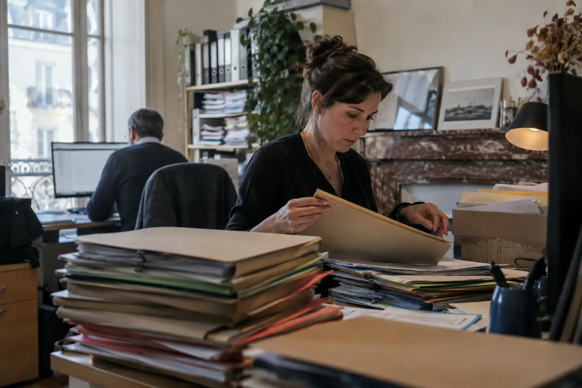 Dossiers classés dans un bureau immobilier — image d’ambiance générée par IA