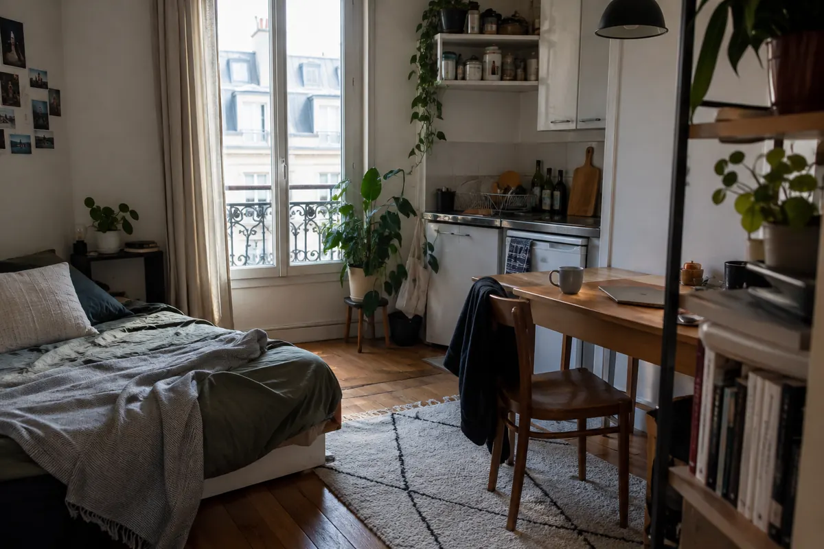 Studio meublé éclairé par la lumière du jour — image d’ambiance générée par IA