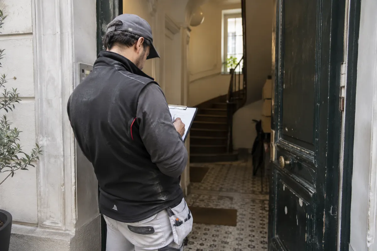 Artisan vérifiant une liste de travaux devant un immeuble — image d’ambiance générée par IA