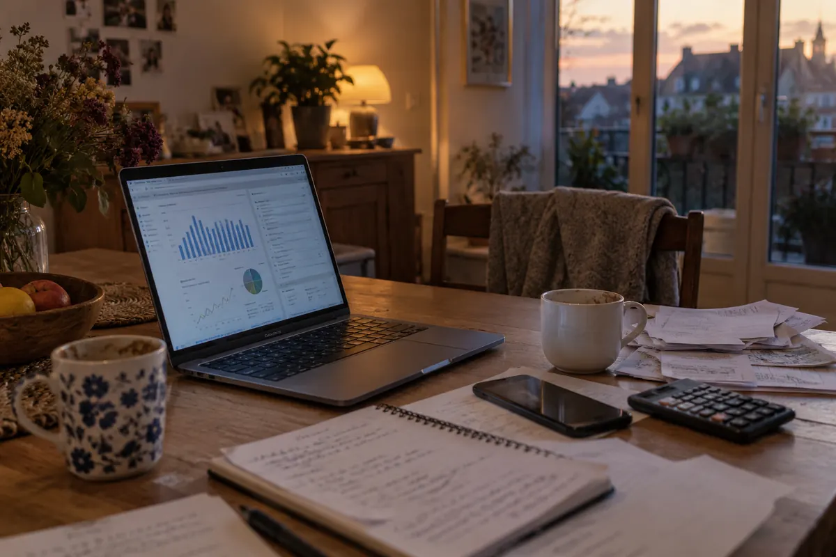 Table de travail avec documents de financement en fin de journée — image d’ambiance générée par IA