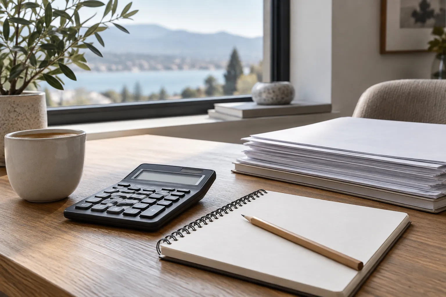 Calculatrice, carnet et documents pour préparer un budget — illustration d’ambiance générée par IA