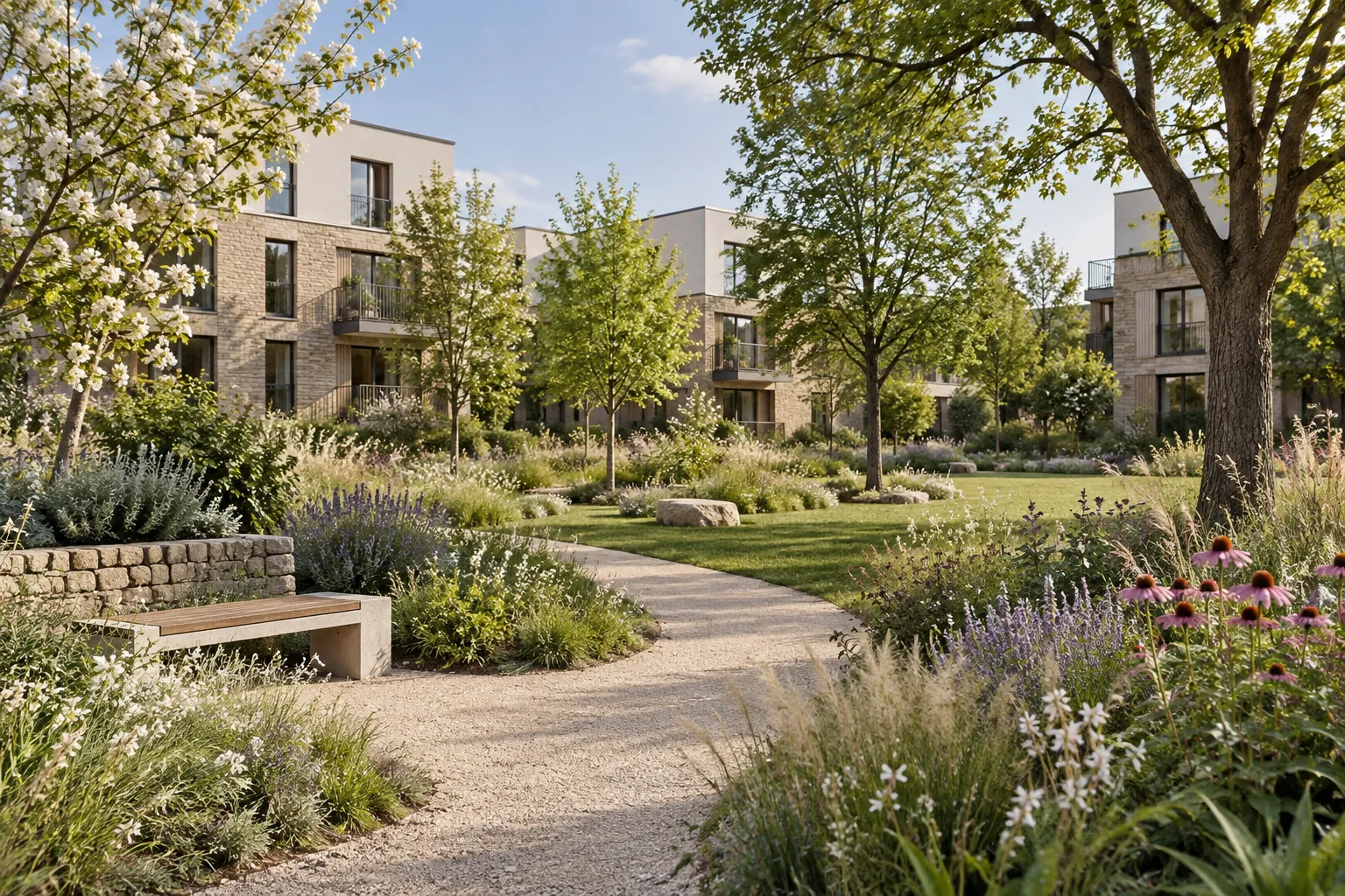 Chemin piéton bordé de plantations dans un jardin résidentiel — illustration d’ambiance générée par IA