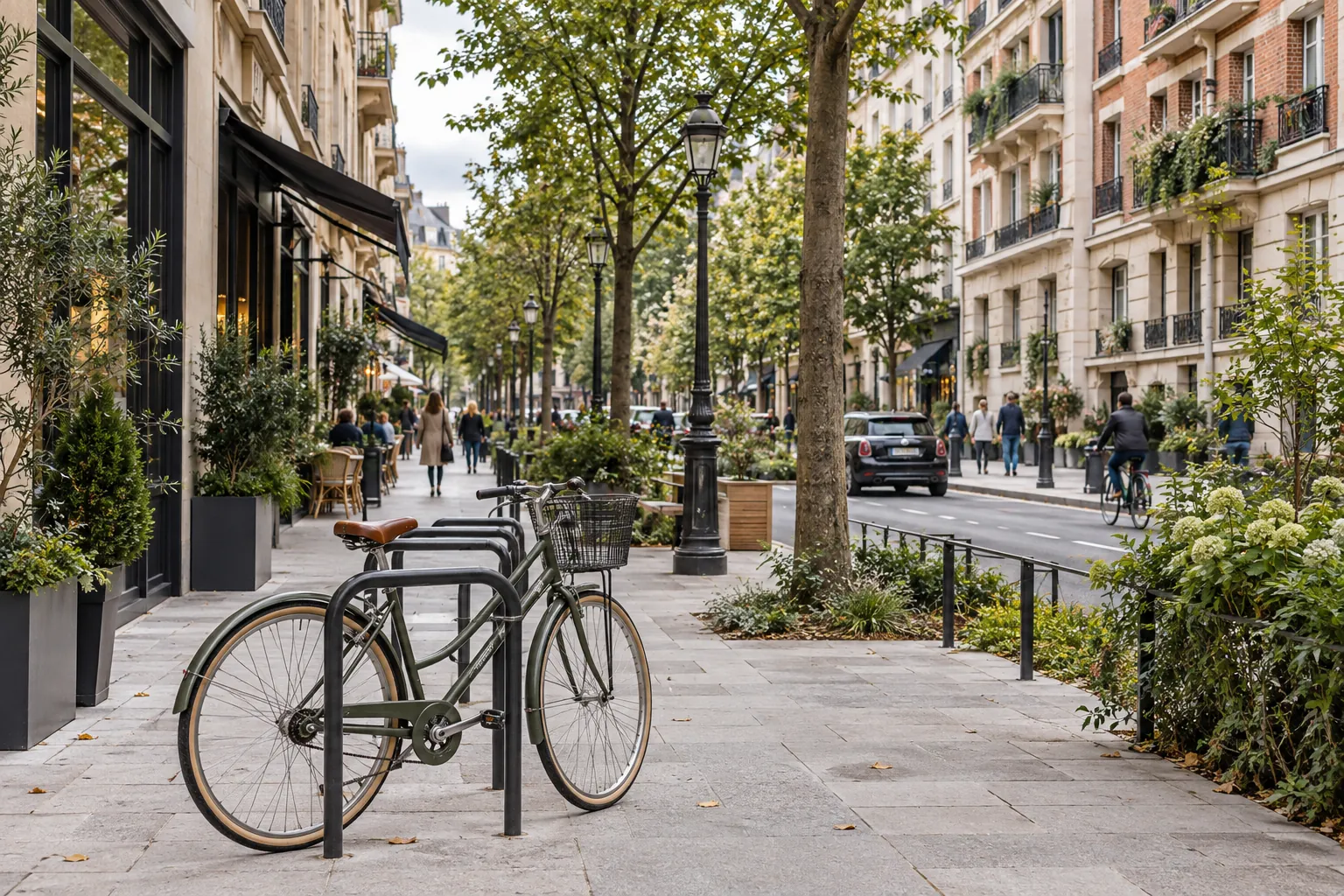 Vélos et trottoir arboré dans une rue résidentielle — illustration d’ambiance générée par IA