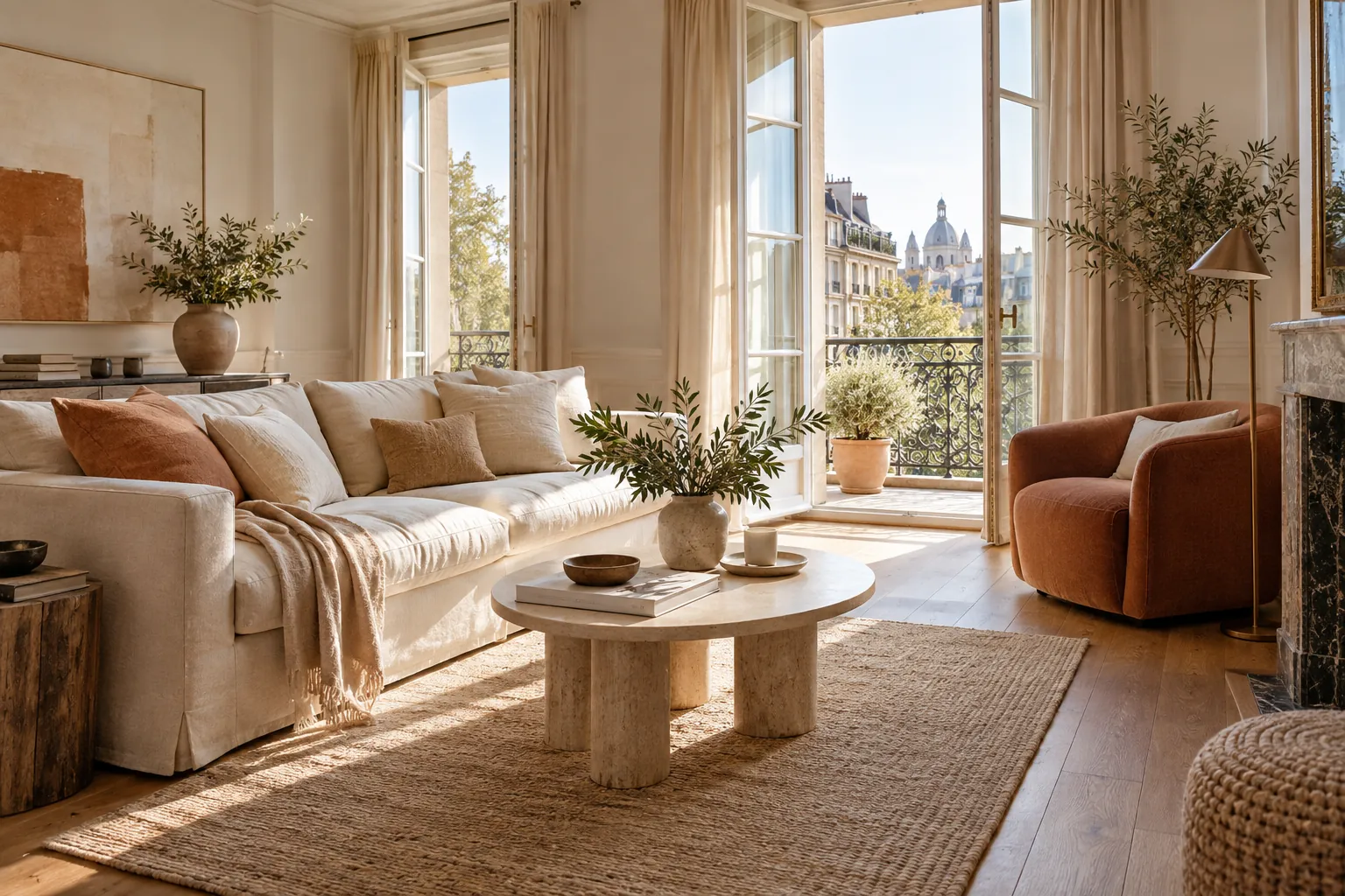Séjour lumineux avec canapé en lin et fauteuil terracotta — illustration d’ambiance générée par IA