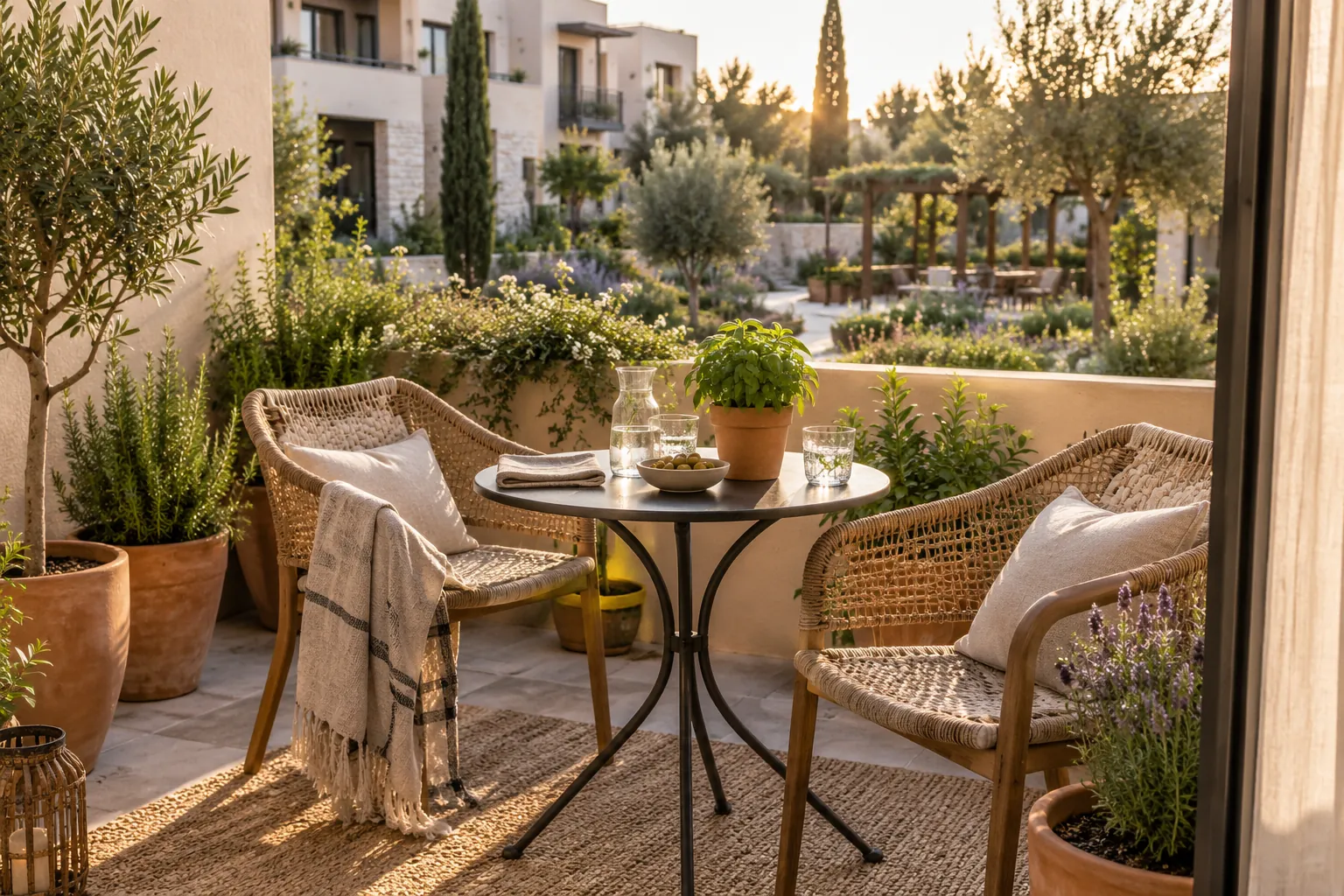 Terrasse avec fauteuils tressés et plantes en pots — illustration d’ambiance générée par IA